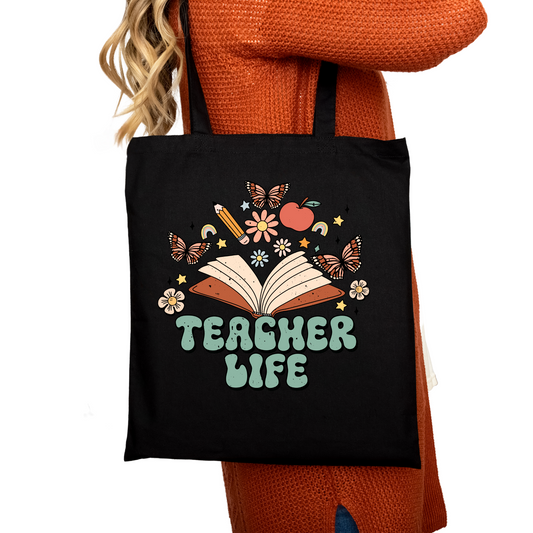 "Teacher Life" with Books Cotton Canvas Tote Bag! Perfect Gift for the Holidays or Special Day!