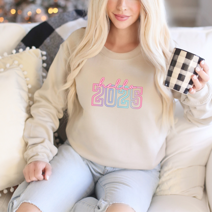 Hello 2025 Neon Sweatshirt - Trendy New Year Glow Crewneck