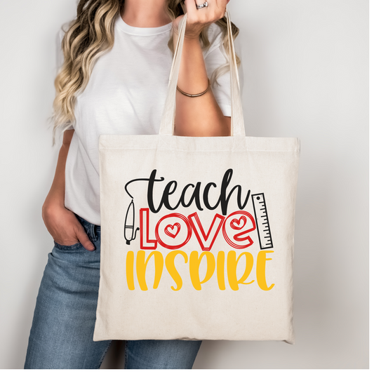 "Teach Love Inspire" Cotton Canvas Tote Bag! Perfect Gift for the Holidays or Special Day!