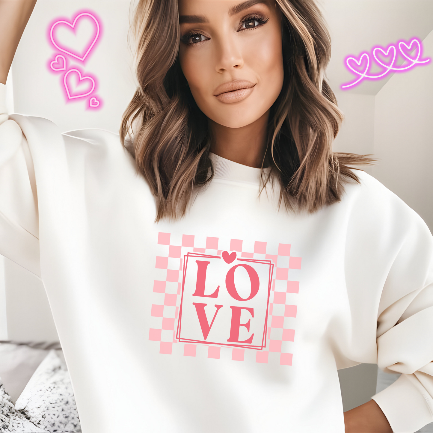 LOVE Checkerboard Sweatshirt - Trendy Valentine’s Apparel