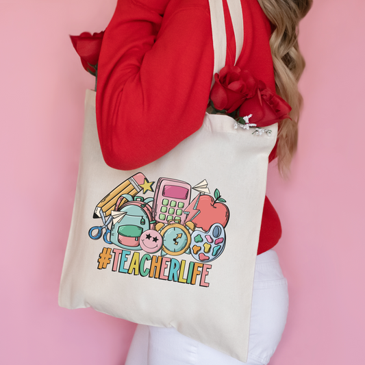 “Teacher Life" Cotton Canvas Tote Bag - Perfect Gift for the Holidays or Special Day - Favorite Teacher Gift