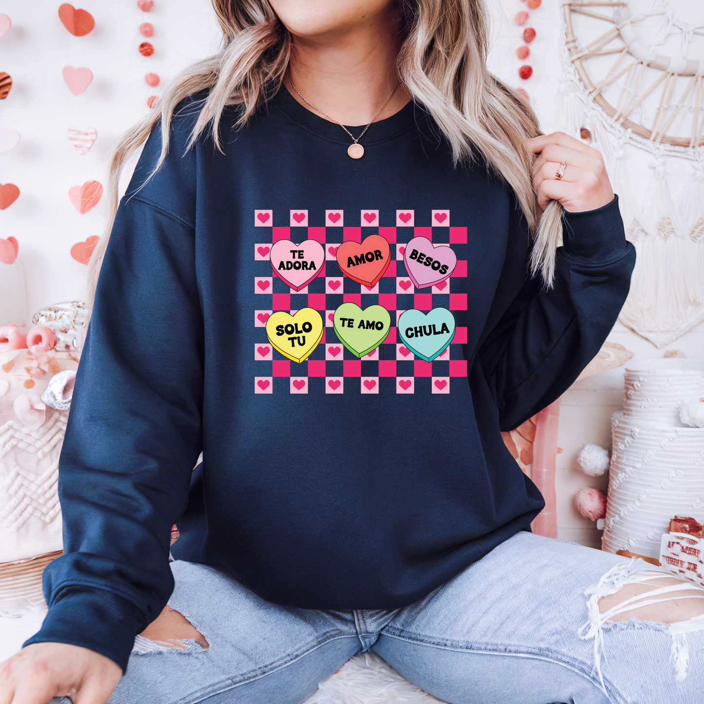 Spanish Conversation Heart Crewneck Sweatshirt - Sweet & Stylish Design