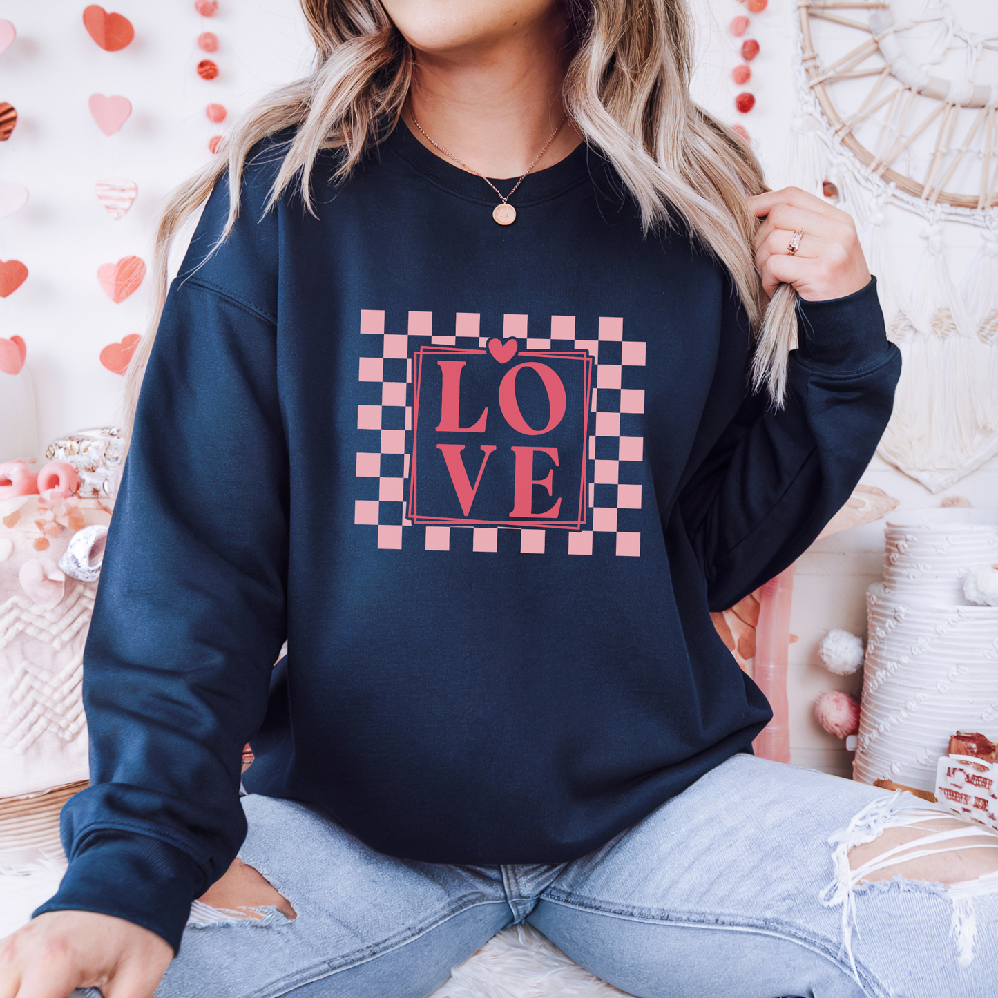 LOVE Checkerboard Sweatshirt - Trendy Valentine’s Apparel