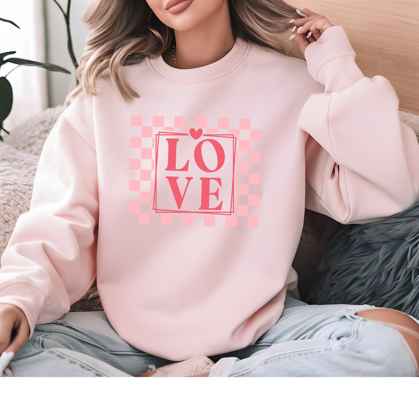 LOVE Checkerboard Sweatshirt - Trendy Valentine’s Apparel