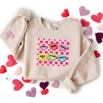 Spanish Conversation Heart Crewneck Sweatshirt - Sweet & Stylish Design