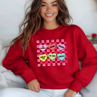 Spanish Conversation Heart Crewneck Sweatshirt - Sweet & Stylish Design